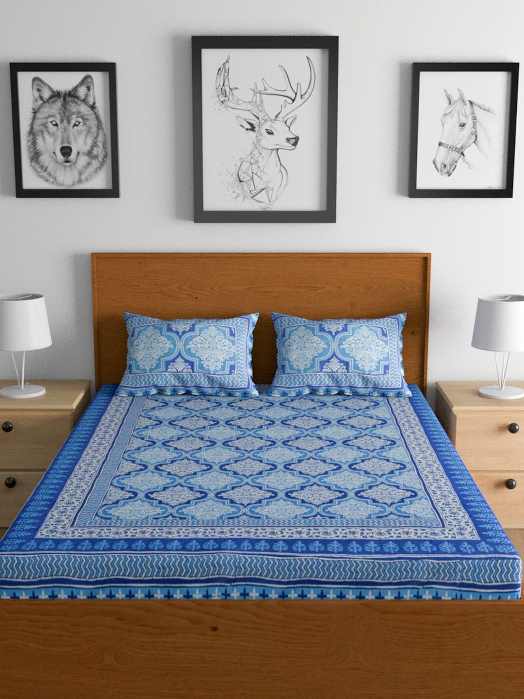 Urban Magic Blue Printed Cotton 104 TC King Bedsheet with 2 Pillow Covers