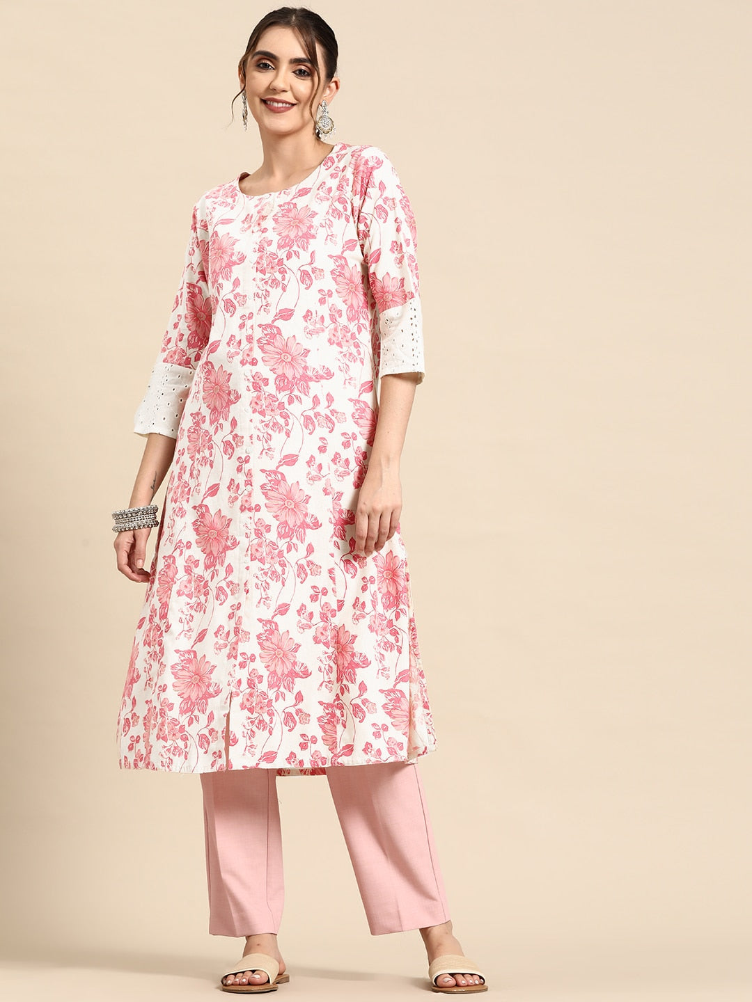 Sangria Floral Printed Cotton Slub Kurta