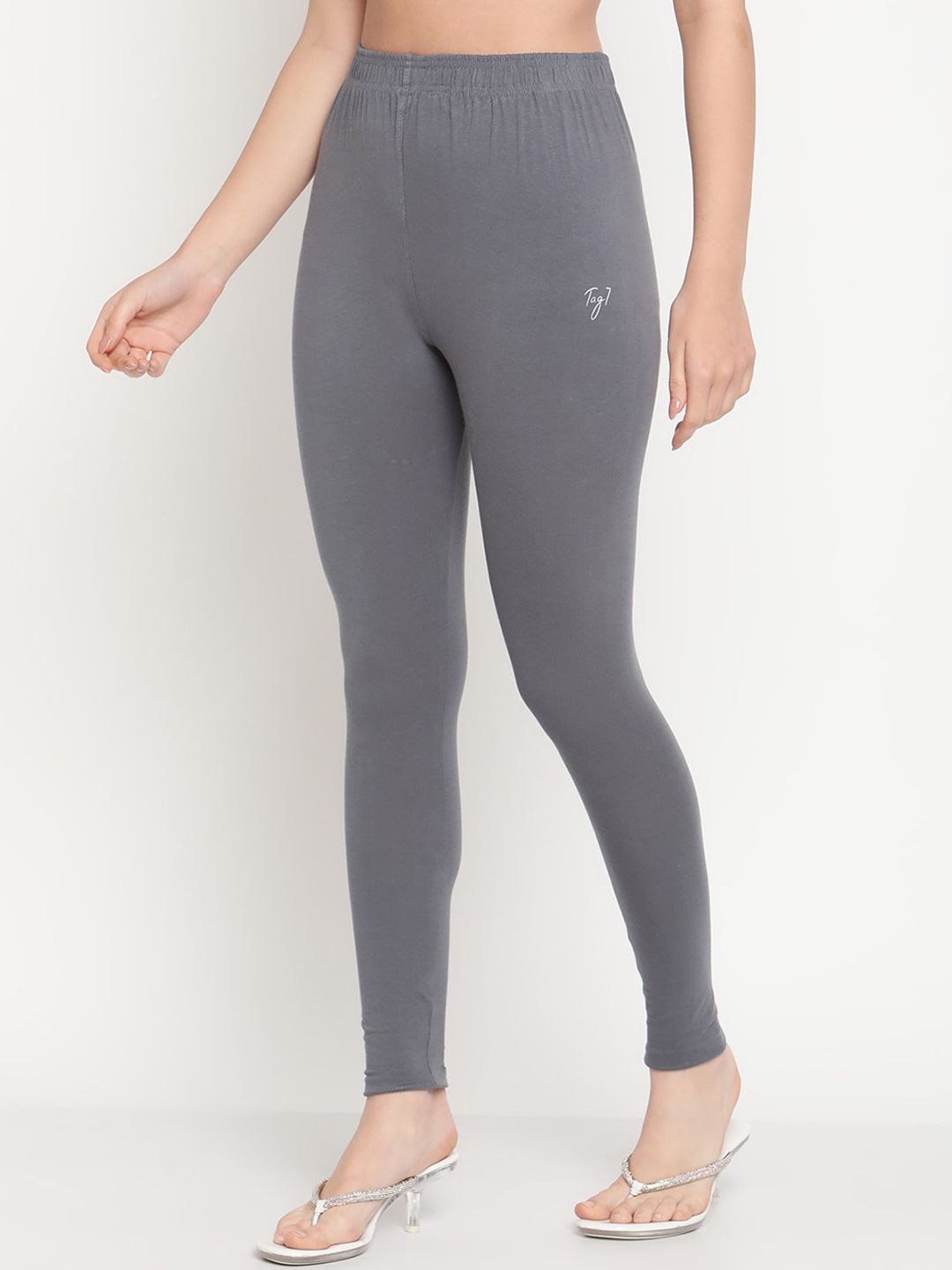 TAG 7 Women Grey Solid Cotton Ankle-Length Leggings