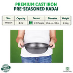 The Indus Valley CASTrong Cast Iron Kadai ,Pre-seasoned, Nonstick, 100% Pure, Toxin-free, Induction, Spatula, 25.4 cm, 2.3L, 2.5kg