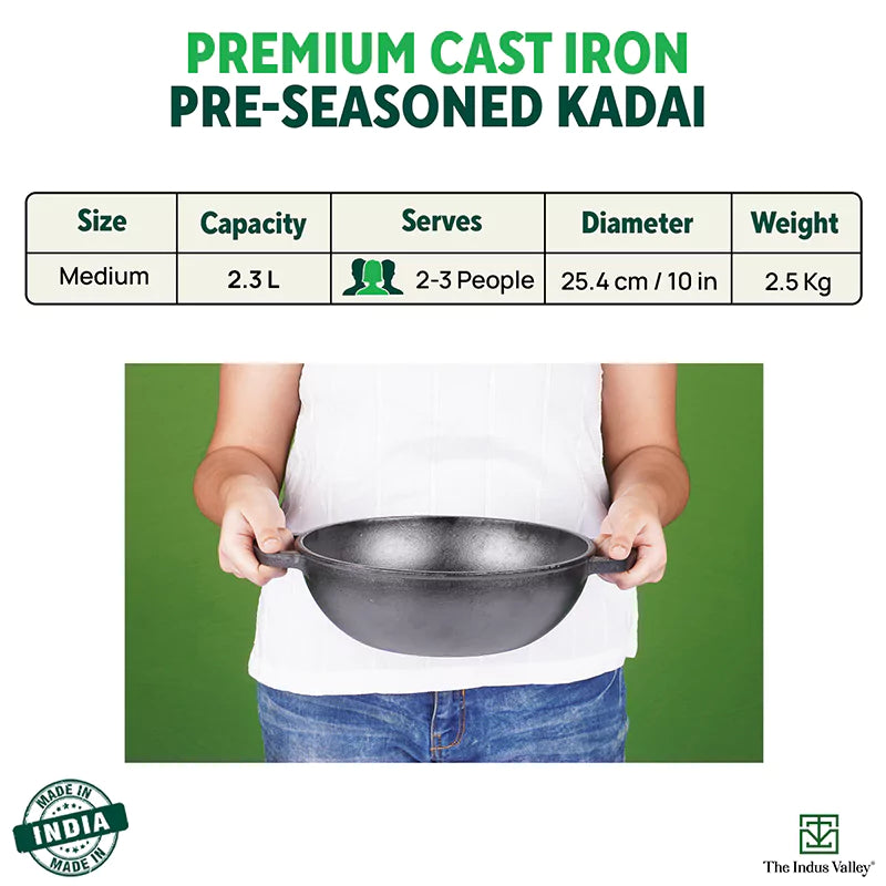 The Indus Valley CASTrong Cast Iron Kadai ,Pre-seasoned, Nonstick, 100% Pure, Toxin-free, Induction, Spatula, 25.4 cm, 2.3L, 2.5kg