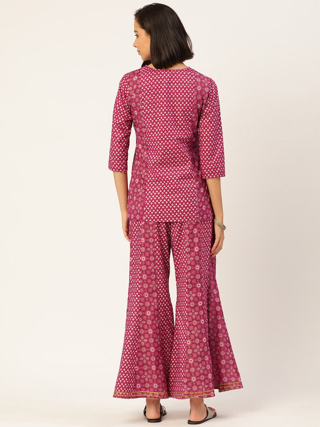 HERE&NOW Women Pink And Black Ethnic Printed Pure Cotton Kurti With Palazzo And Dupatta