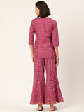 HERE&NOW Women Pink And Black Ethnic Printed Pure Cotton Kurti With Palazzo And Dupatta