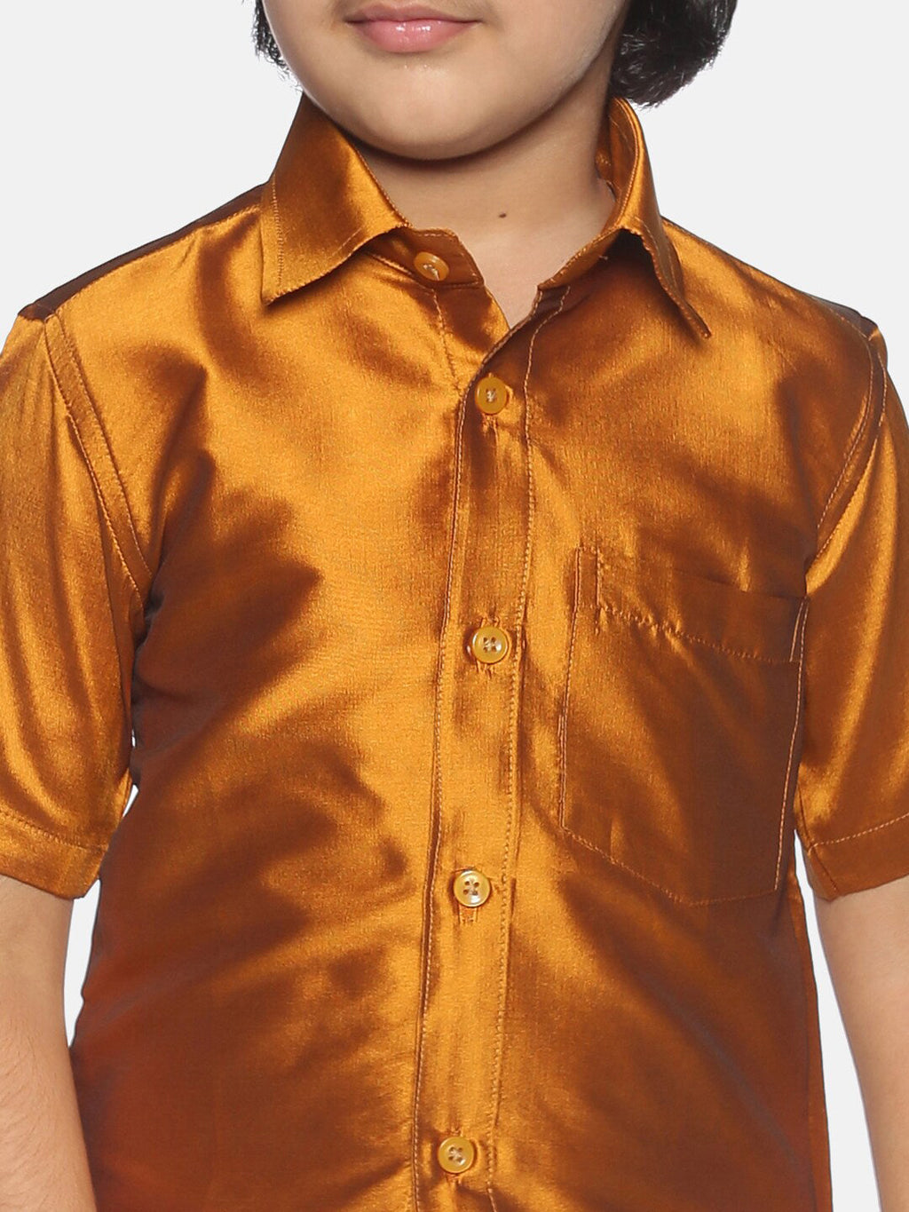 Sethukrishna Boys Mustard Brown & White Solid Shirt and Veshti Set