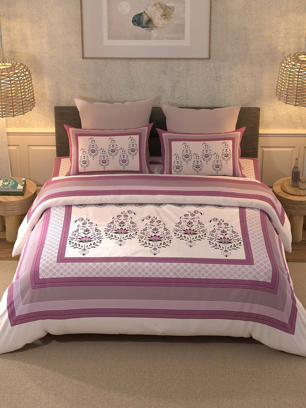 BELLA CASA Pink & White 350TC Ethnic Motifs Pure Cotton King Bedsheet with 2 Pillow Covers