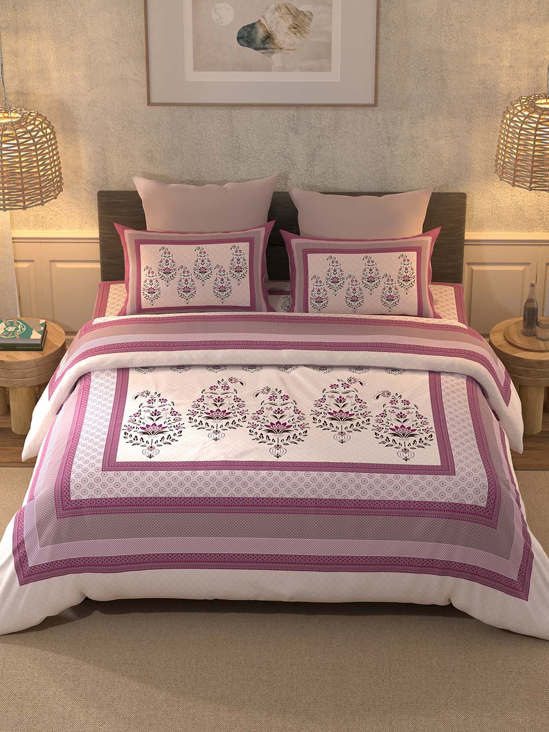 BELLA CASA Pink & White 350TC Ethnic Motifs Pure Cotton King Bedsheet with 2 Pillow Covers