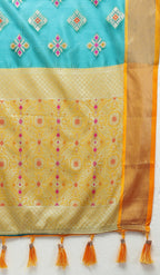 Lorenvalley Fashion Teal Organza Silk Woven Design with Meenakari Weaving Saree