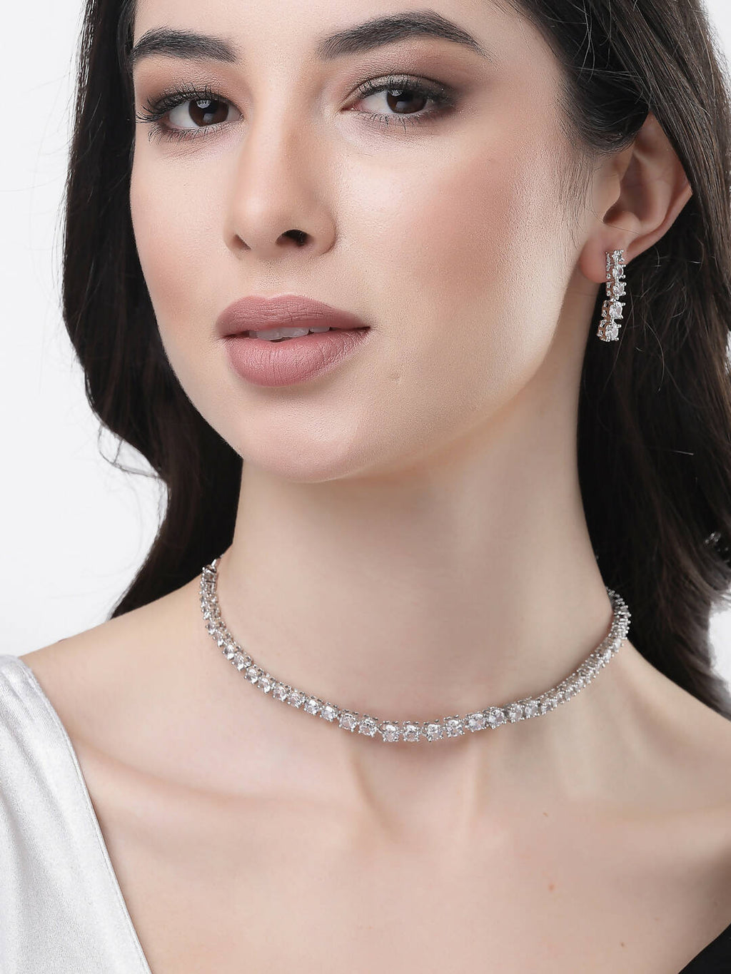 NVR Women Silver Plated Cz Stone Handcrafted Jewellery Set