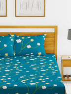 BIANCA Blue & Green Floral Printed 152 TC Cotton 110 GSM Micro-Peached King Bedsheet With 2 Pillow Cover