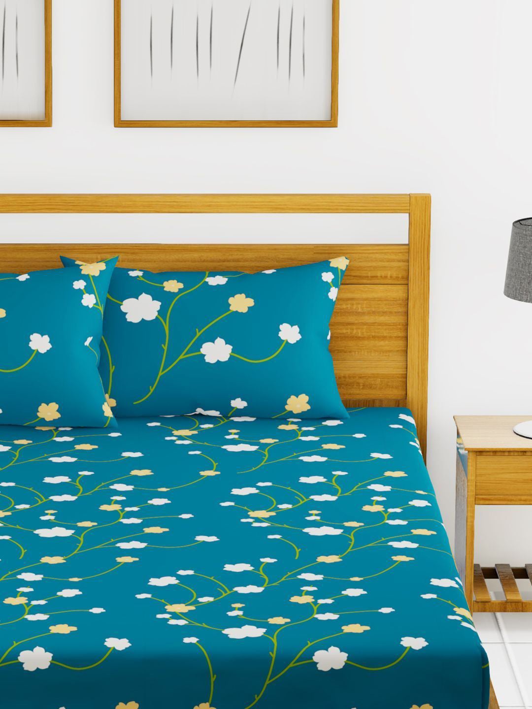 BIANCA Blue & Green Floral Printed 152 TC Cotton 110 GSM Micro-Peached King Bedsheet With 2 Pillow Cover