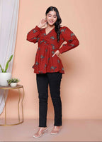 Miravan Womens Brown Animal Printed Balloon Sleeves V Neck Butterfly Top - Distacart