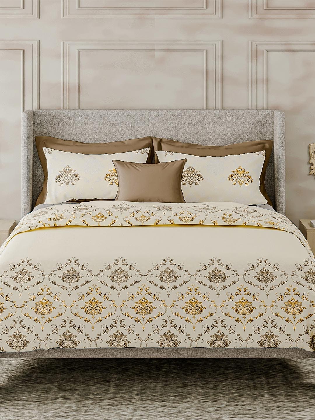LABHAM Cream-Coloured & Brown Ethnic Motifs Cotton 180 TC King Bedsheet & 2 Pillow Covers