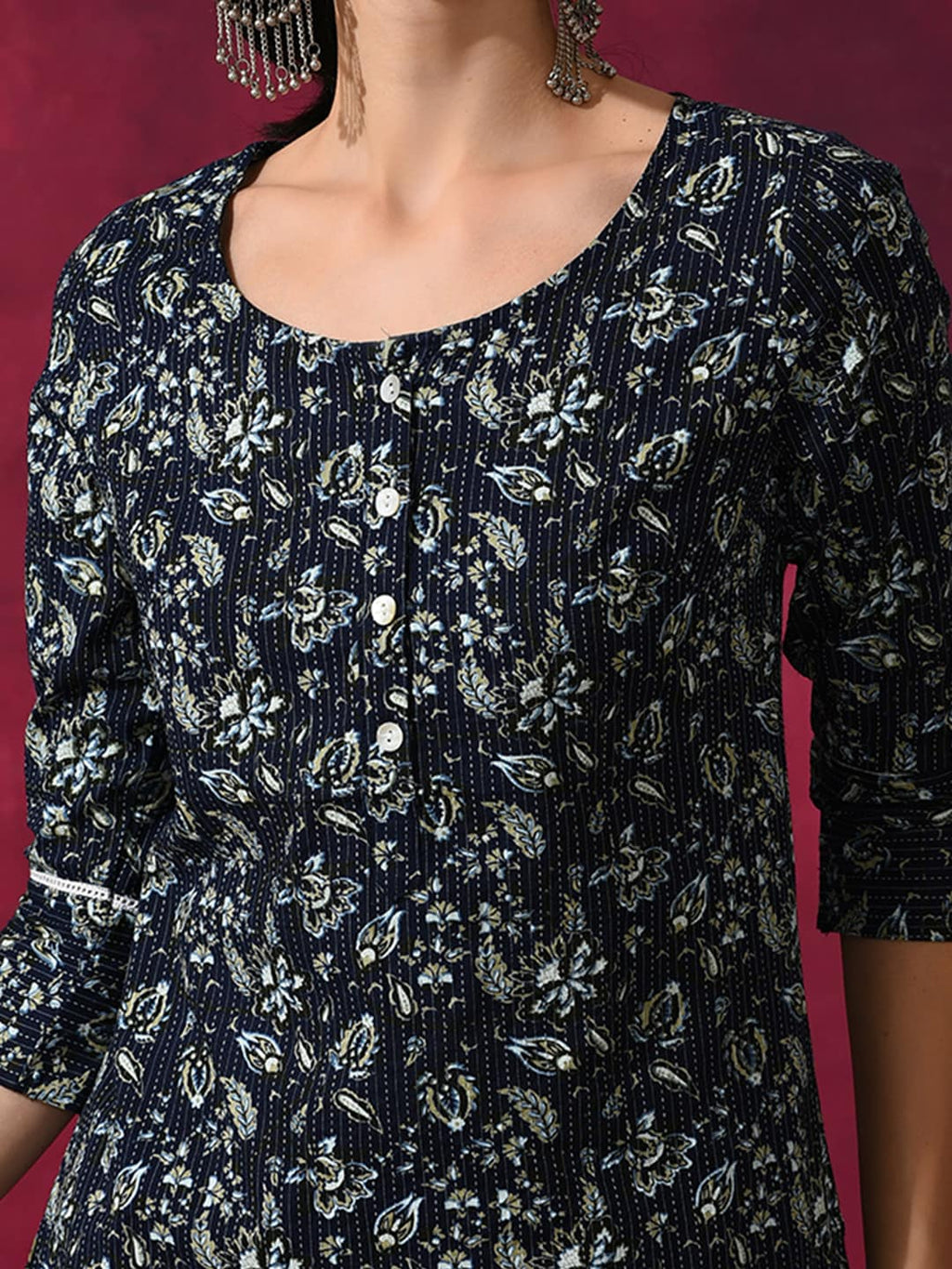 Aks Floral Printed Round Neck Kantha Work Detailed Pure Cotton Kurta with Palazzos