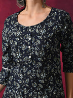 Aks Floral Printed Round Neck Kantha Work Detailed Pure Cotton Kurta with Palazzos