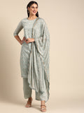 Sangria Women Grey Ethnic Motifs Embroidered Regular Sequinned Chanderi Silk Kurta with Palazzos & With