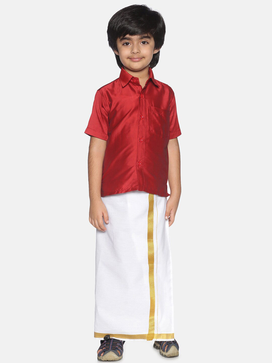 Sethukrishna Boys Red & White Shirt and Veshti Set