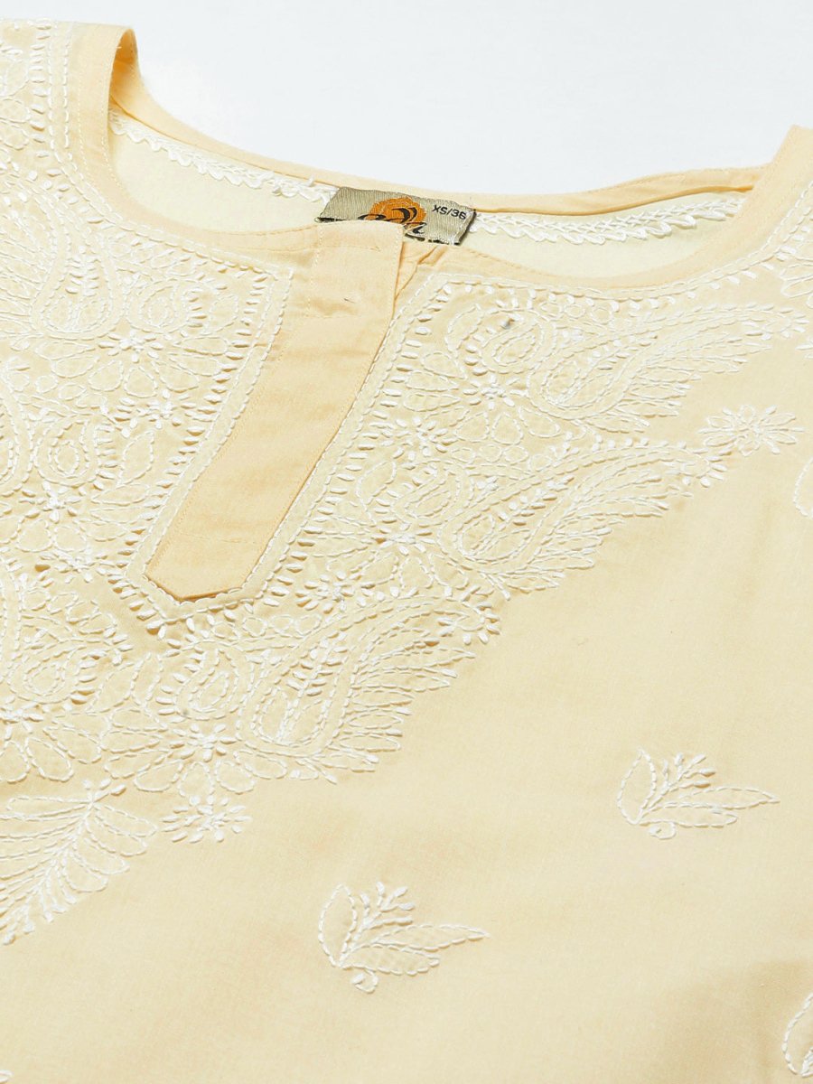 ADA Women Cream-Coloured & White Ethnic Motifs Embroidered Chikankari Cotton Kurta