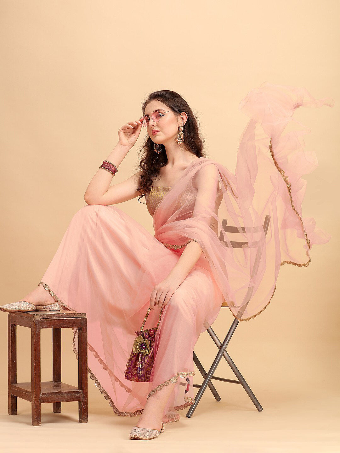 Sangria Pink Solid Net Ruffled Saree - Distacart
