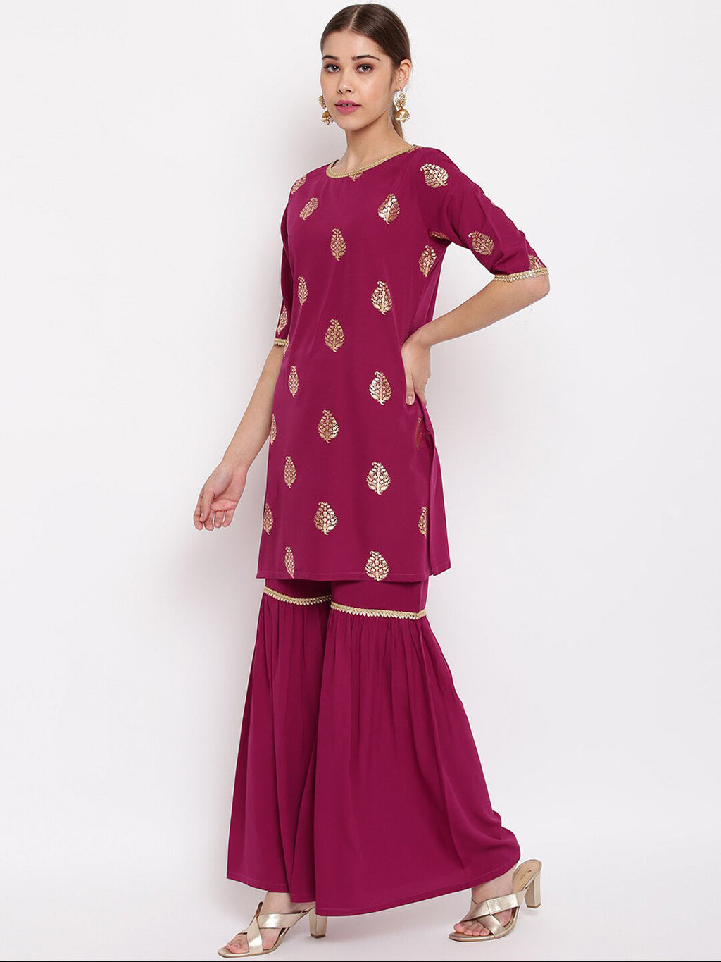 Janasya Magenta Printed Kurta with Sharara & Dupatta - Distacart