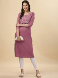 HERE&NOW Mauve & Biege Ethnic Motifs Embroidered Yoke Design Mirror Work Kurta
