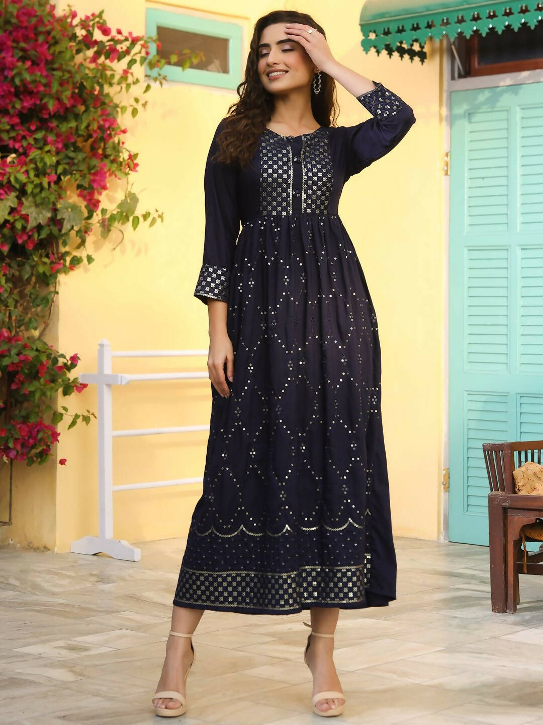 Juniper Women's Navy Festive Embroidered Flared Dress - Distacart