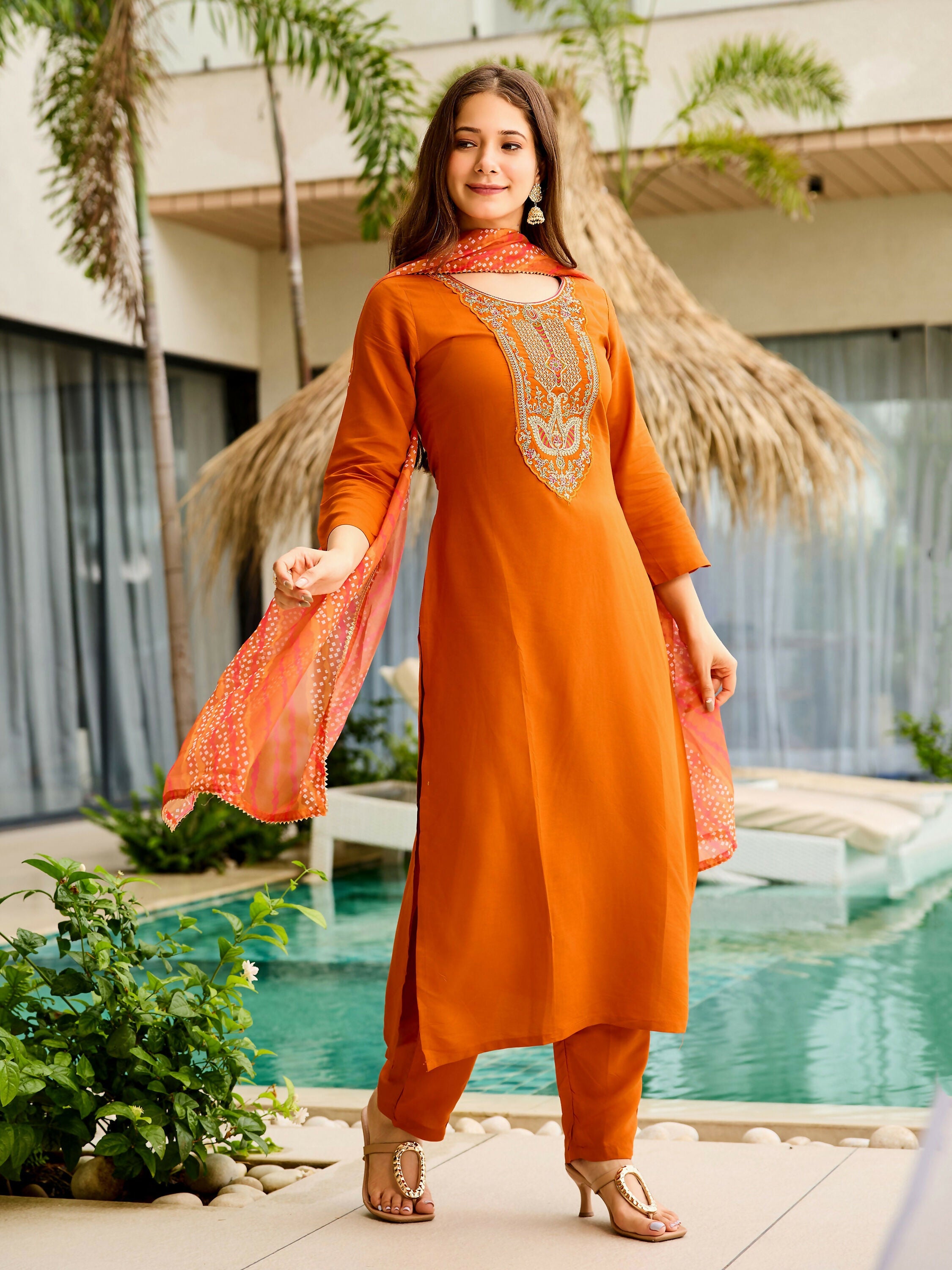 The52 Rust Women's Gorgeous Embroidered work Rayon Fabric Straight Kurta, Pant and Dupatta Set - Distacart