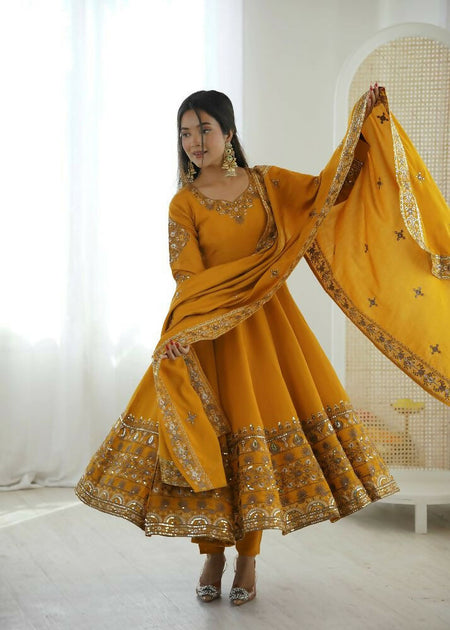 Teeya Creation Yellow Roman Silk Embroidery Work Party Wear long Gown