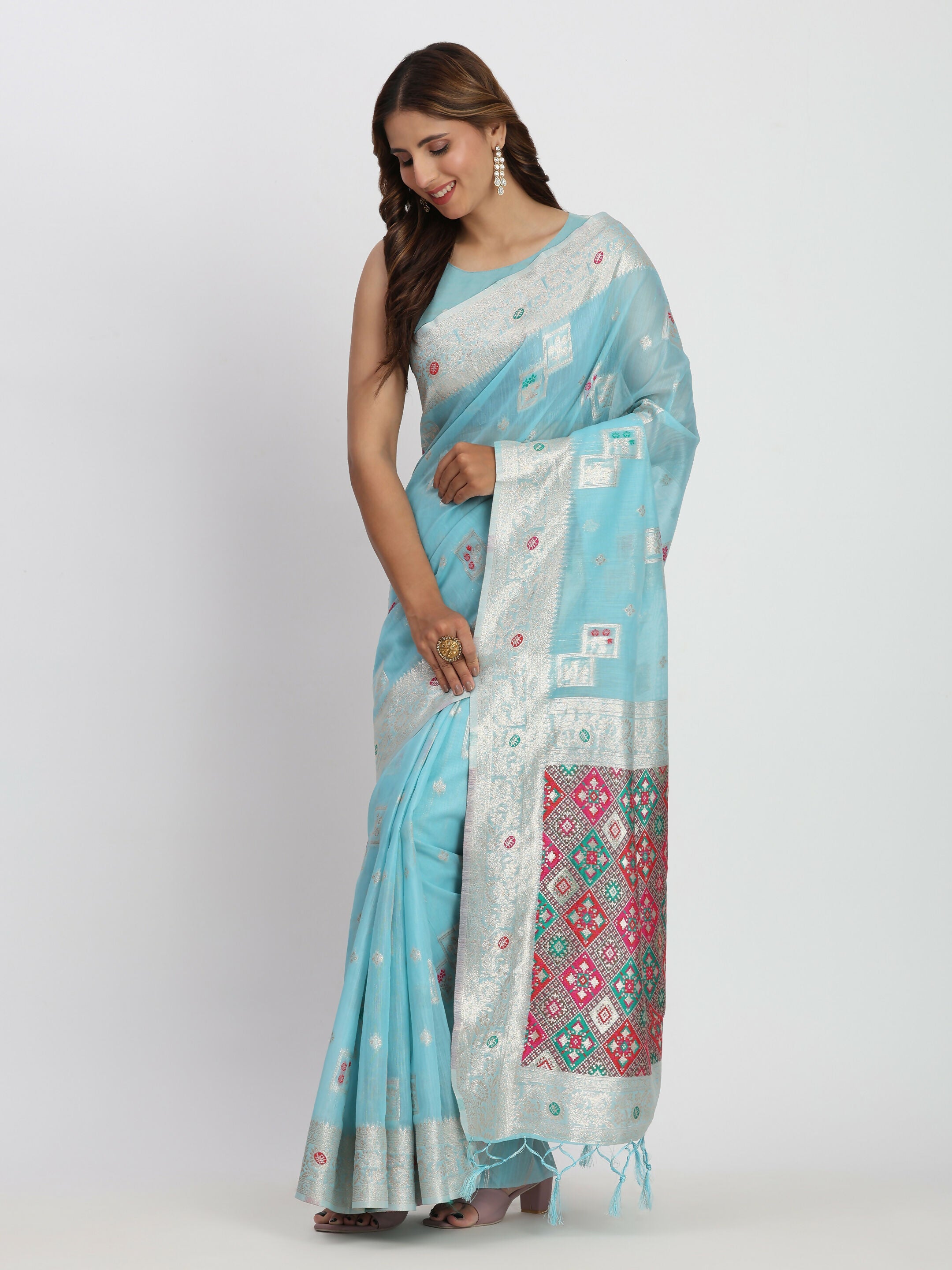 Shree Shyam Fashion Linen Cotton Sky Blue Saree - Distacart