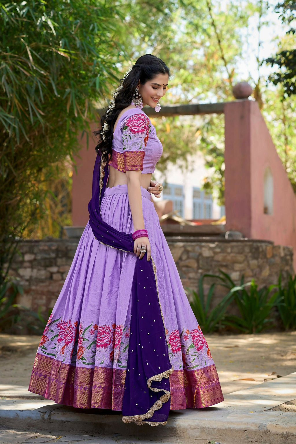 Vastranavya Stunning Cotton Silk Thread Embroidery Work Lehenga Choli - Lavander