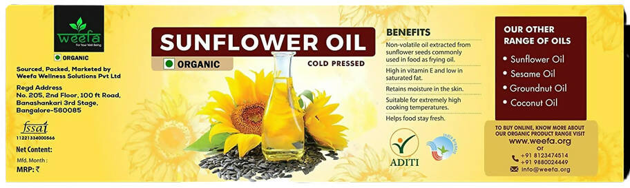 Weefa Organic 100% Filtered Cold Pressed Sunflower Oil