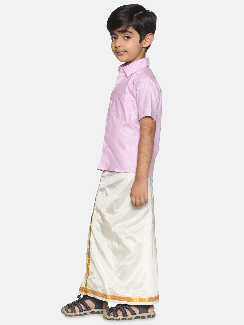 Sethukrishna Boys Pink & Off-White Pure Cotton Shirt with Dhotis
