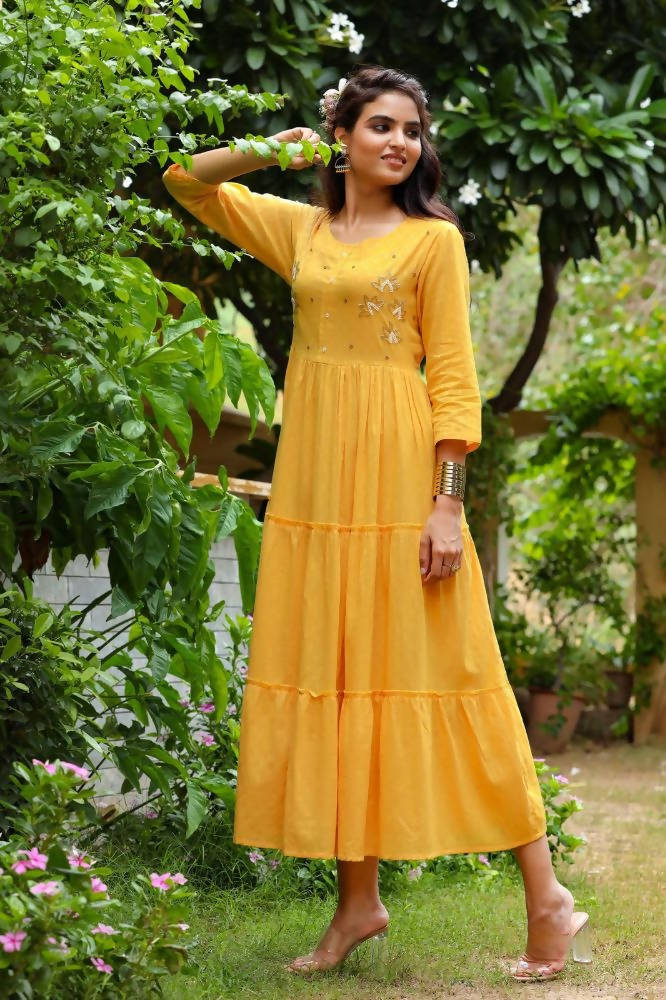 Yufta Yellow Cotton Dobby Dress