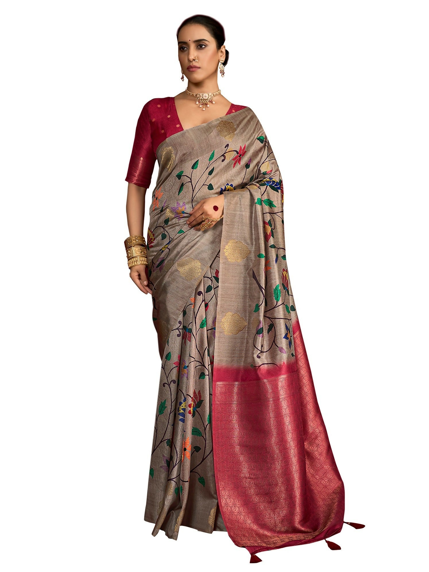 Joban Fashion Multi Color Soft Silk Weaving Fabric With Digital Jamdani Print With Jacquard Rich Pallu & Blouse With Spring Tassels - Distacart