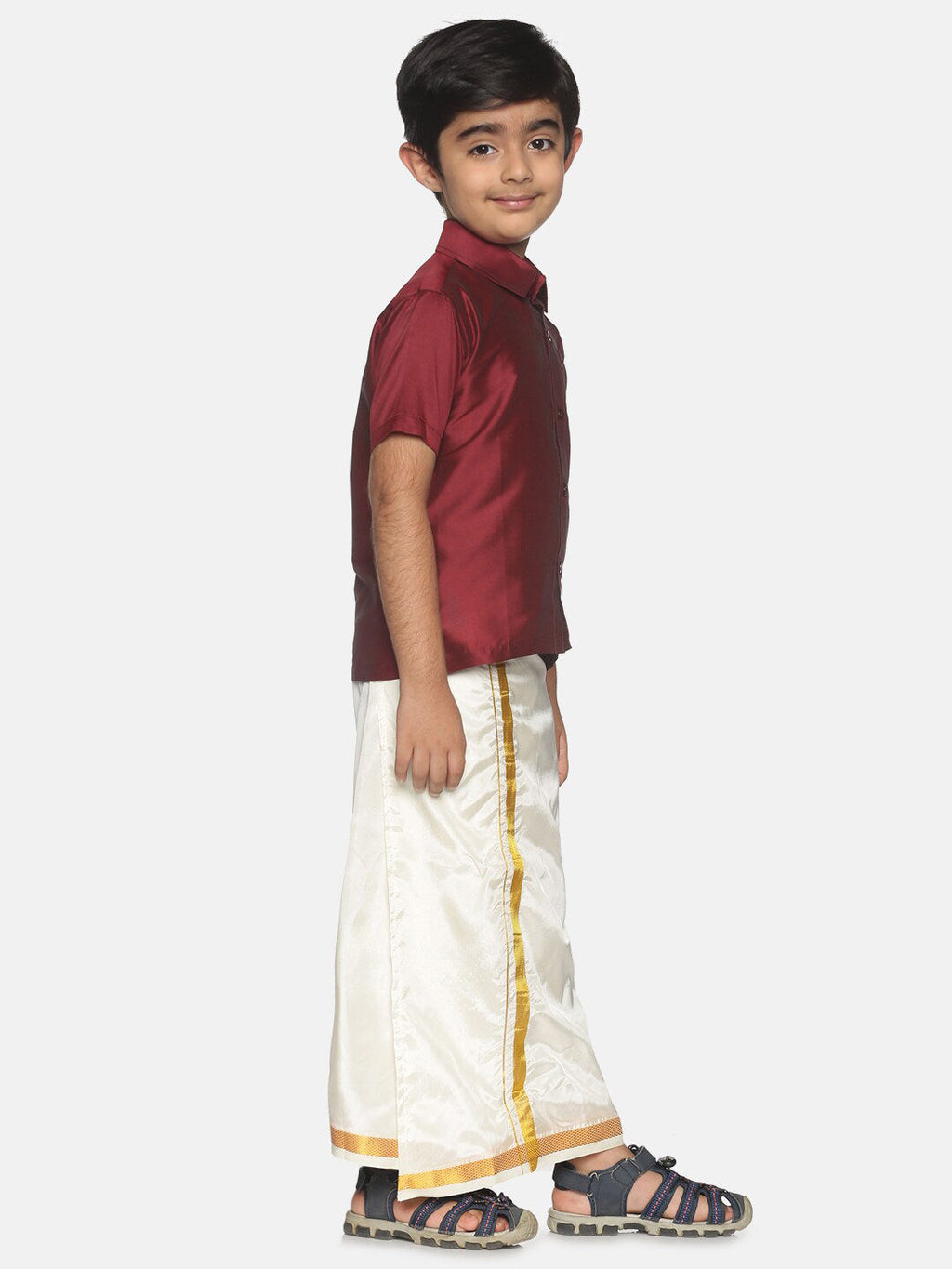 Sethukrishna Boys Maroon & White Solid Shirt and Dhoti Set