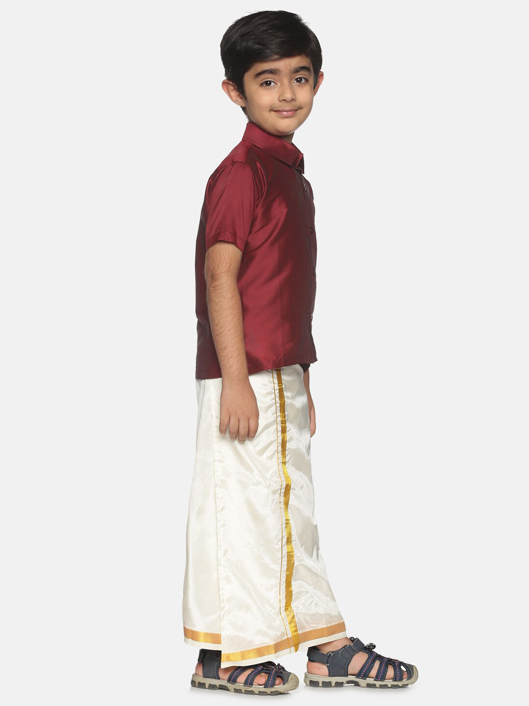 Sethukrishna Boys Maroon & White Solid Shirt and Dhoti Set