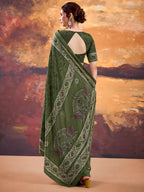 Vastranavya Mehendi Crepe Printed Saree with Unstitched Blouse - Distacart