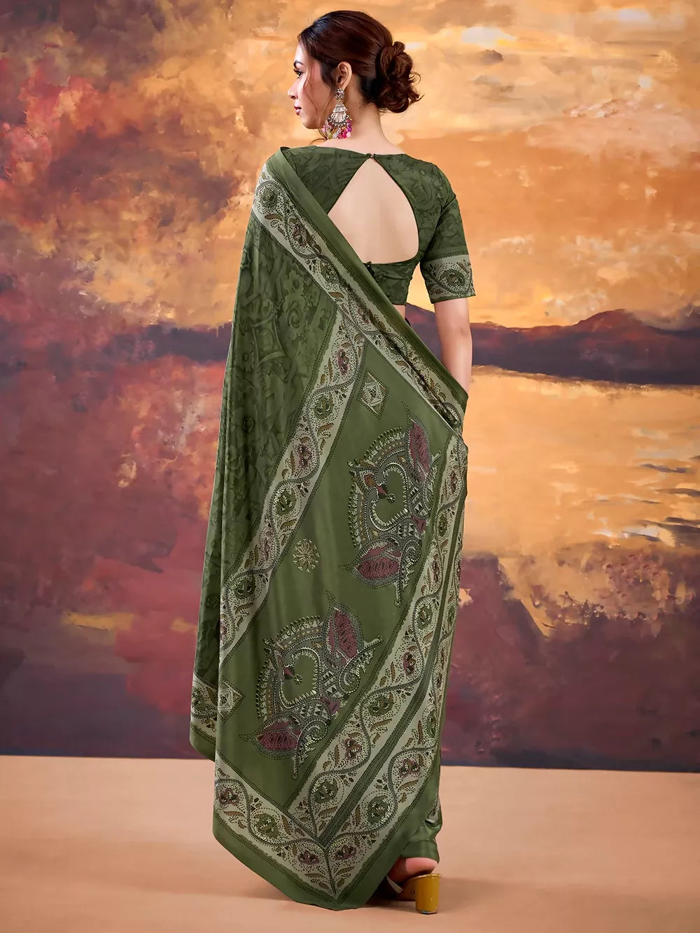 Vastranavya Mehendi Crepe Printed Saree with Unstitched Blouse - Distacart
