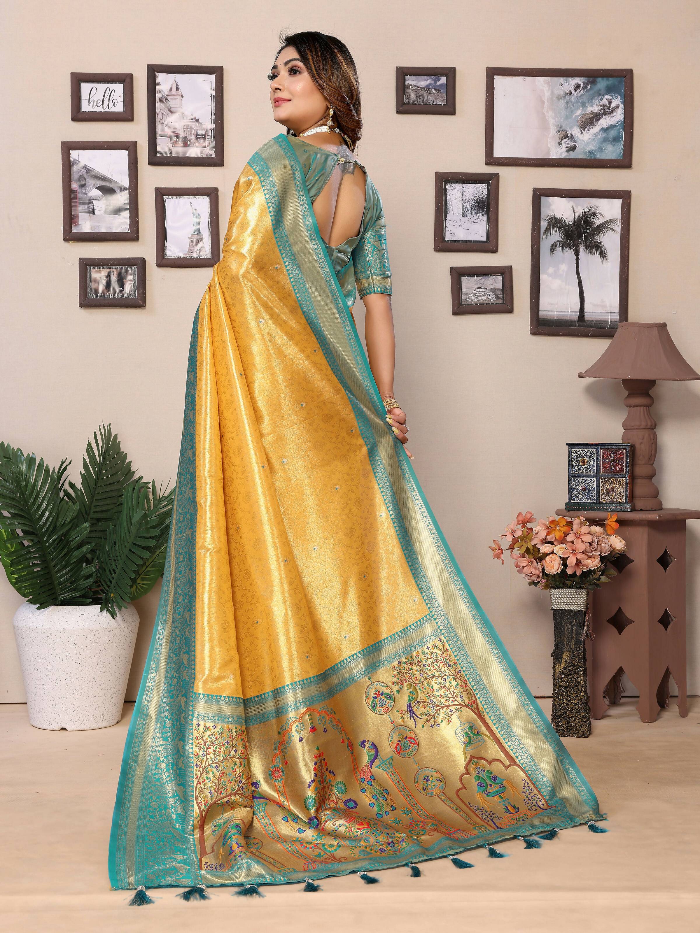 Aastha Fashion Yellow Tissue Silk Weaving Saree - Distacart