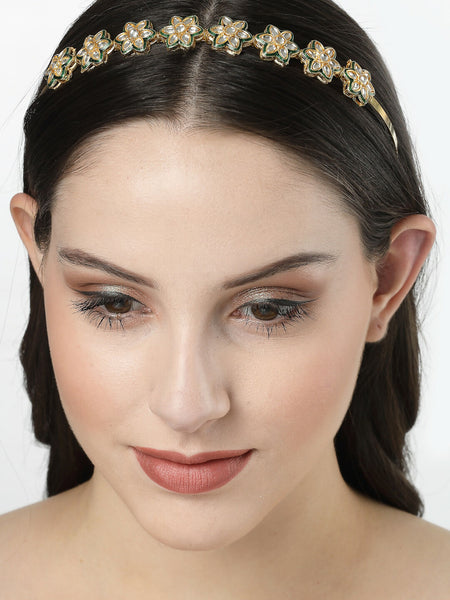 NVR Women's Gold-Polished Kundan Embellished Hairband