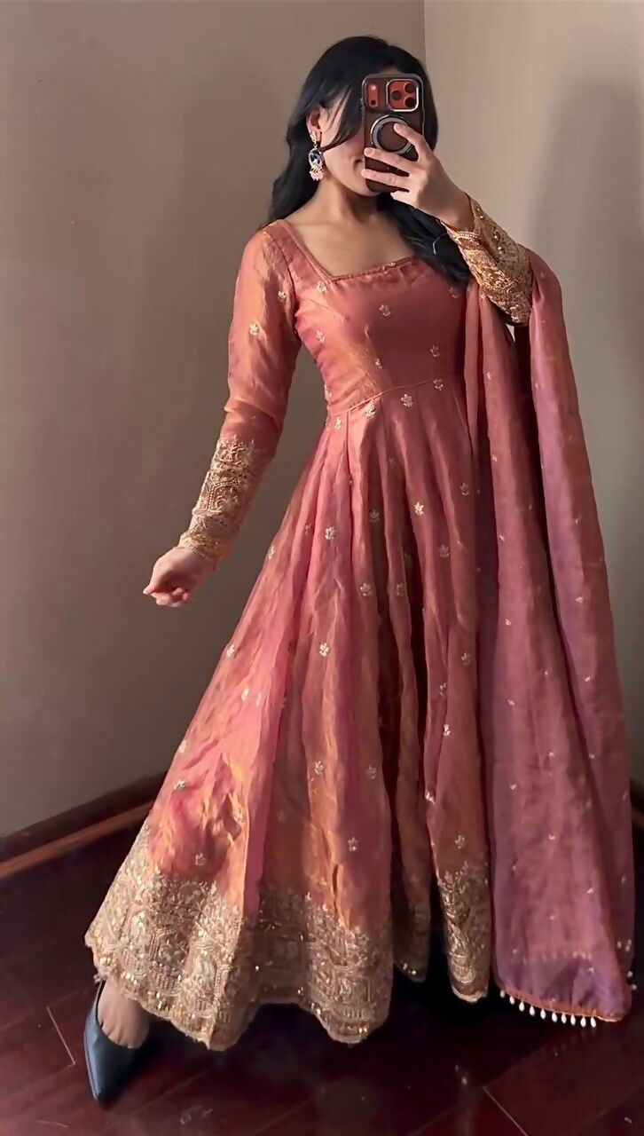 Teeya Creation Peach Fendi Silk Designer Heavy Work Wedding Wear Long Gown