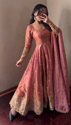 Teeya Creation Peach Fendi Silk Designer Heavy Work Wedding Wear Long Gown