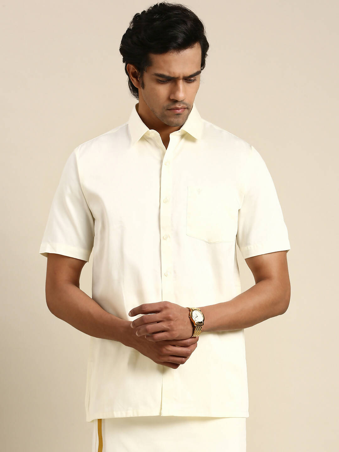 Ramraj Cotton Mens Cotton Cream Colour Half Sleeve Shirt