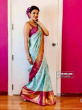 DEIANA'S Beautiful Designer Golden zari Soft Lichi Silk Saree - Sky