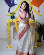 DEIANA'S Beautiful Designer Golden zari Soft Lichi Silk Saree - White