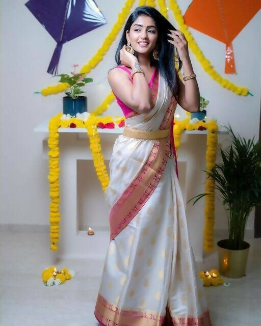 DEIANA'S Beautiful Designer Golden zari Soft Lichi Silk Saree - White