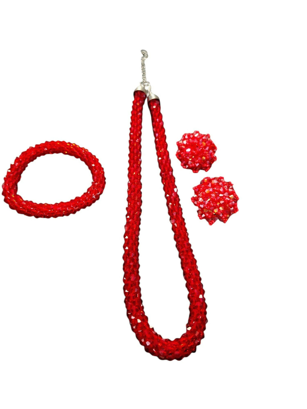 Inhanns Complete Look Crystal Statement 3-Piece Set (Adjustable Necklace + Earrings + Adjustable Bangle ) - Red