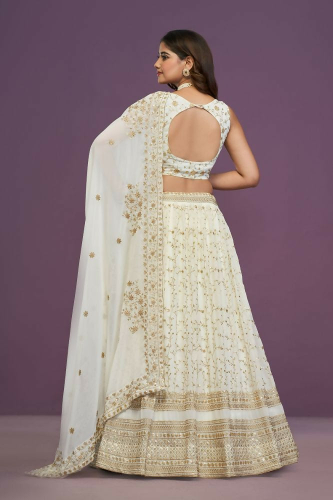 Zari Sequene Embroidery Wok Georgette White Lehenga Choli - Jihu Culture