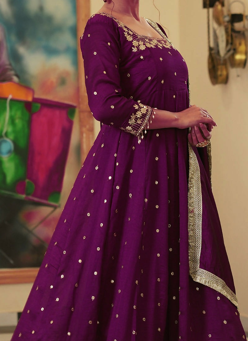 Teeya Creation Wine Color Pure Vichitra Silk Embroidery Work Party Wear Gown - Distacart