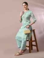 Myshka Women's Sea Green Solid Straight Party Kurta Set