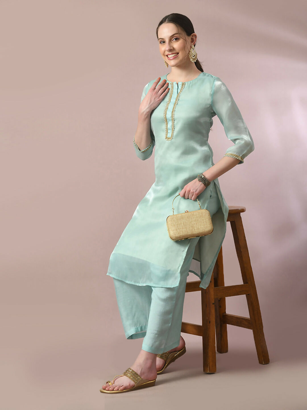 Myshka Women's Sea Green Solid Straight Party Kurta Set